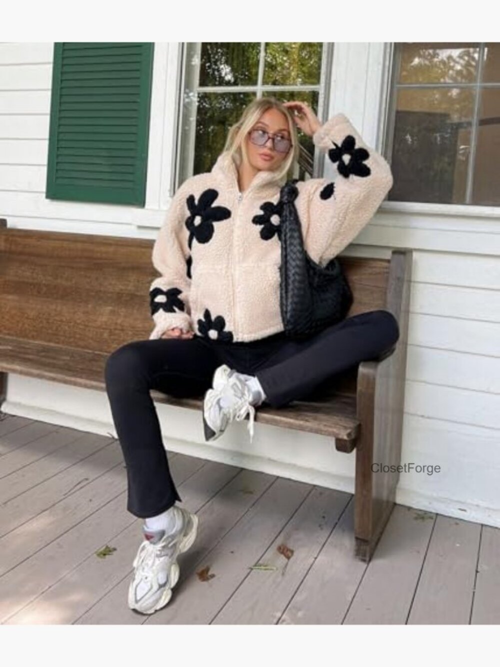 Womens Floral Sherpa Fleece Jacket Cropped Zip Up Long Sleeve Casual Winter - Picture 2 of 7